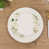 25 Pack White Sage Green Party Paper Plates with Floral Lined Rim, Disposable Dinner Plates