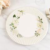 25 Pack White Sage Green Party Paper Plates with Floral Lined Rim, Disposable Dinner Plates