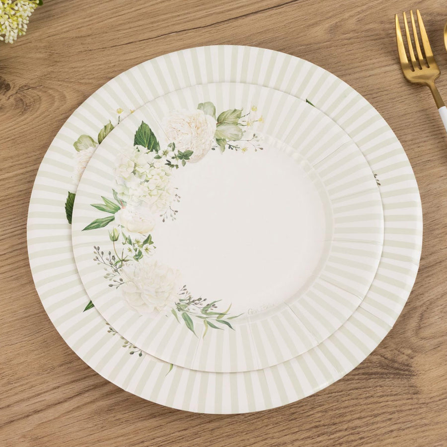 25 Pack White Sage Green Salad Paper Plates with Floral Lined Rim