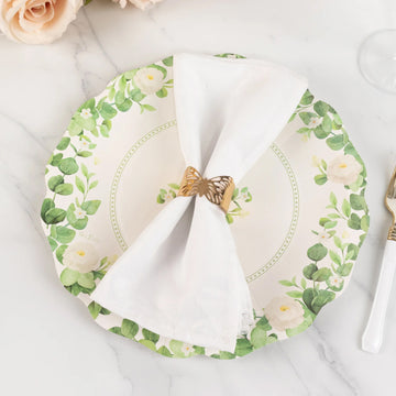 25 Pack White Floral Greenery Party Paper Plates with Scalloped Edge, 11" Disposable Dinner Plates