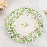 25 Pack White Floral Greenery Salad Paper Plates with Scalloped Edge