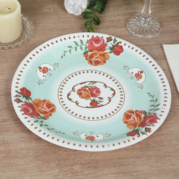 25 Pack Light Turquoise Round Floral Paper Dinner Plates, Disposable Tea Party Plates with Rose Flowers Print - 9"