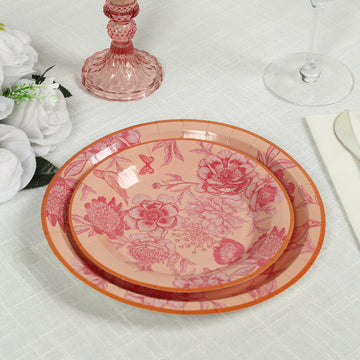 50 Pcs Dusty Rose Spring Floral Disposable Plates with Gold Rim, Heavy Duty Round Dinner and Dessert Paper Plates - 7",9"