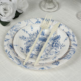 50 Pcs White Blue Vintage Floral Disposable Plates with French Toile Pattern, Round Dinner Dessert