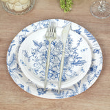 50 Pcs White Blue Vintage Floral Disposable Plates with French Toile Pattern, Round Dinner Dessert