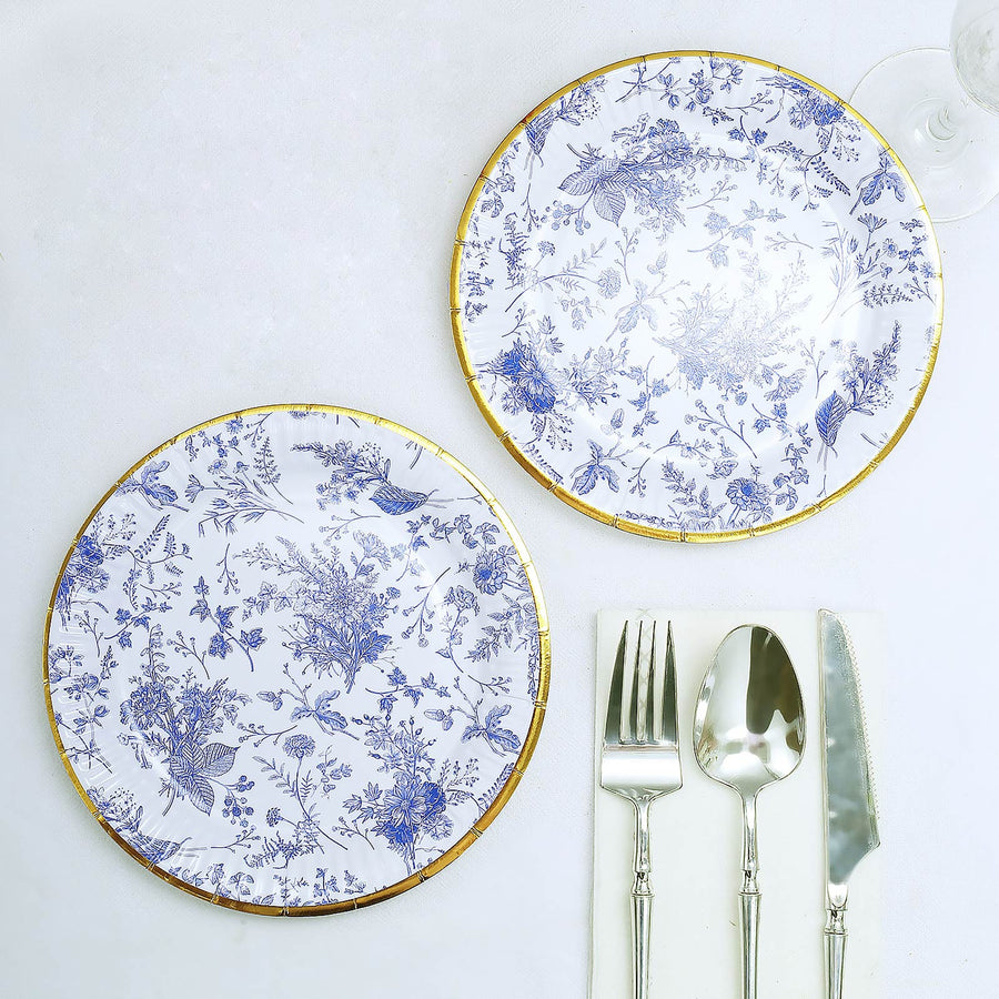 25 Pack | 7inch Blue Chinoiserie Floral Disposable Salad Plates with Gold Rim