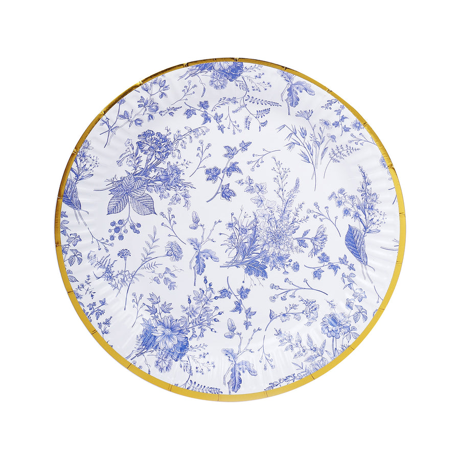 25 Pack | 9inch Blue Chinoiserie Floral Disposable Dinner Plates with Gold Rim#whtbkgd