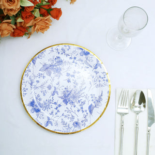 Blue Chinoiserie Floral Disposable Dinner Plates with Gold Rim