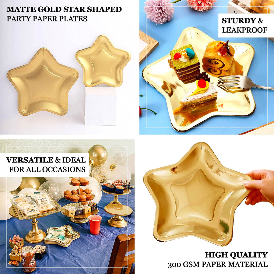 25 Pack Matte Gold Star Shaped Eco Friendly Party Plates, 9inch Paper Dinner Plates - 300GSM