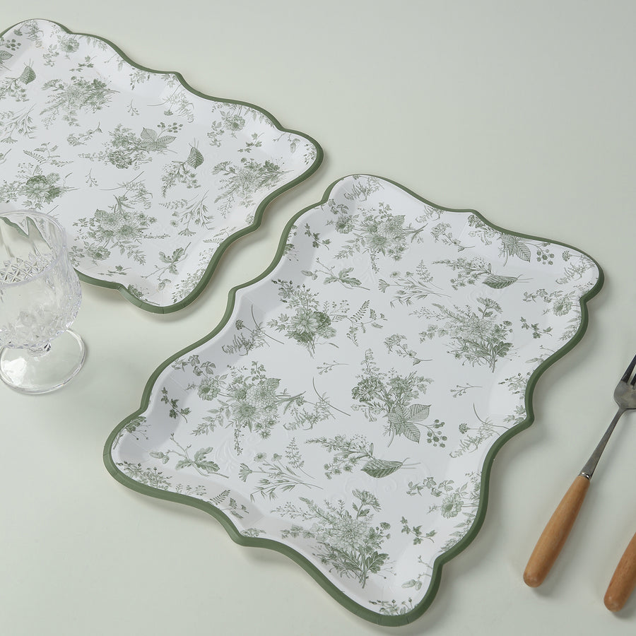 10 Pack White Sage Green Paper Serving Trays with French Toile Pattern, 400 GSM Disposable