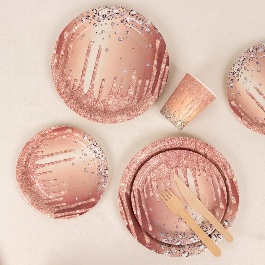 72 Pcs Rose Gold Disposable Dinnerware Set With Diamonds Glitter Drip Pattern, Paper Plates Cups