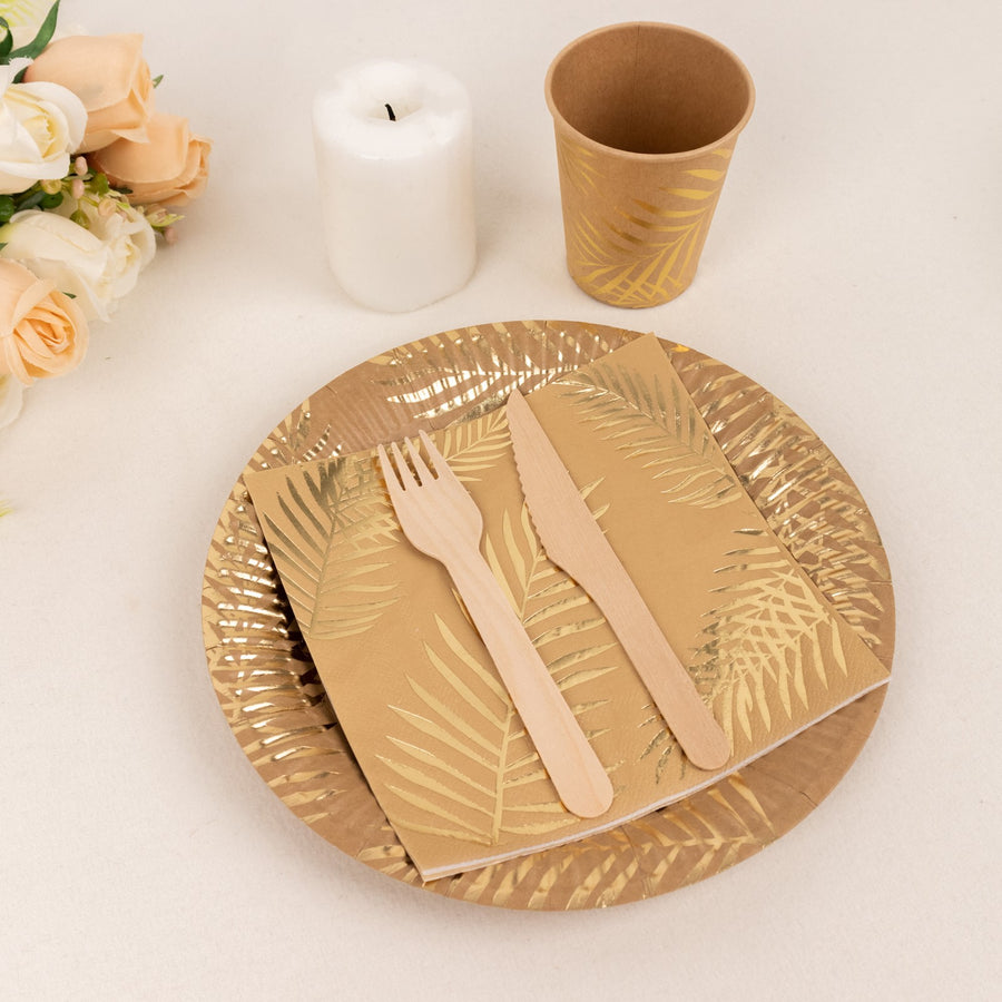 72 Pcs Natural Disposable Dinnerware Set With Gold Foil Palm Leaves Print, Paper Plates Cups Napkins