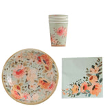 72 Pcs Sage Green Disposable Tableware Set With Pink Floral Print#whtbkgd