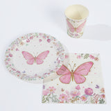 96 Pcs White Pink Butterfly Print Party Supplies, Paper Plates Cups Napkins Disposable Dinnerware Set