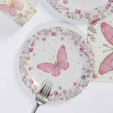 96 Pcs White Pink Butterfly Print Party Supplies, Paper Plates Cups Napkins Disposable Dinnerware Set