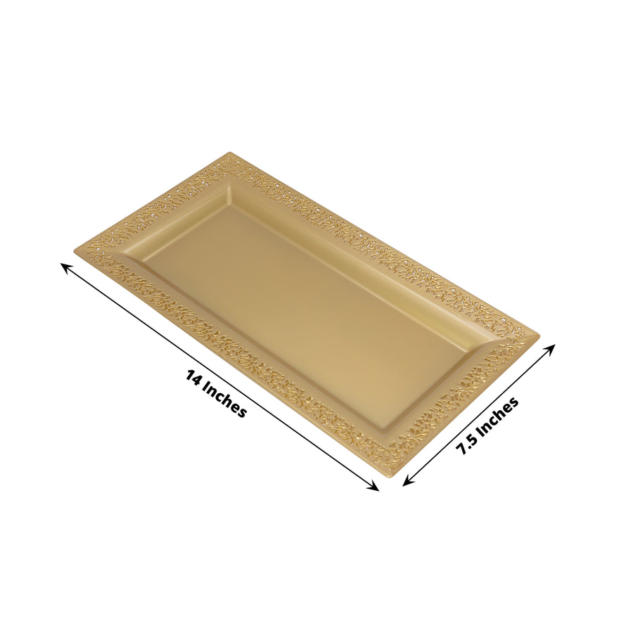 4 Pack | 14inch Gold Lace Print Rectangular Plastic Serving Trays, Decorative Coffee Table Trays