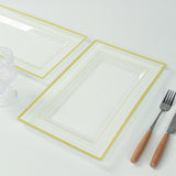 10 Pack Clear Rectangular Plastic Serving Trays with Gold Rim