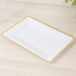 <h3 style="margin-left:0px;"><span style="background-color:transparent;color:#000000;">White Acrylic Rectangular Serving Trays with Beaded Gold Rim</span>