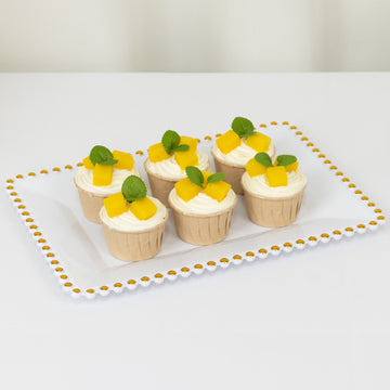 6 Pack Acrylic Serving Platters with Gold Beaded Rim, White Rectangular Food Trays for Desserts and Appetizers - 9"x13"