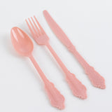 72 Pack Dusty Rose Plastic Silverware Set in Baroque Style, Heavy Duty Disposable Forks