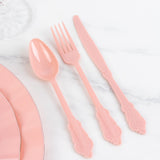 72 Pack Dusty Rose Plastic Silverware Set in Baroque Style, Heavy Duty Disposable Forks