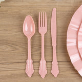 72 Pack Dusty Rose Plastic Silverware Set in Baroque Style, Heavy Duty Disposable Forks