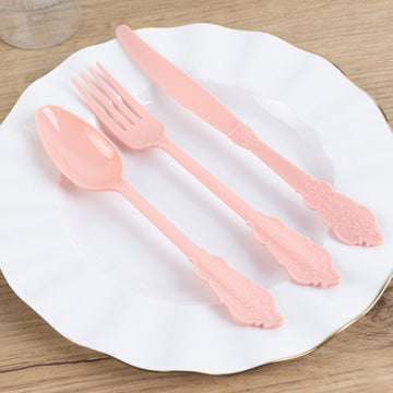 72 Pcs Dusty Rose Plastic Silverware Set in Baroque Style, Heavy Duty Disposable Utensils - Knife, Fork and Spoon Set