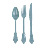 72 Pack Dusty Blue Plastic Silverware Set in Baroque Style, Heavy Duty Disposable Forks#whtbkgd