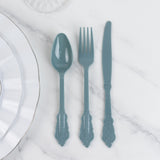 72 Pack Dusty Blue Plastic Silverware Set in Baroque Style, Heavy Duty Disposable Forks