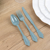 72 Pack Dusty Blue Plastic Silverware Set in Baroque Style, Heavy Duty Disposable Forks