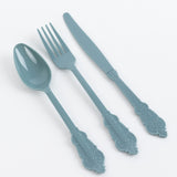 72 Pack Dusty Blue Plastic Silverware Set in Baroque Style, Heavy Duty Disposable Forks