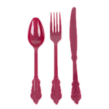 72 Pack Burgundy Plastic Silverware Set in Baroque Style, Heavy Duty Disposable Forks#whtbkgd