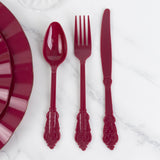 72 Pack Burgundy Plastic Silverware Set in Baroque Style, Heavy Duty Disposable Forks