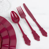 72 Pack Burgundy Plastic Silverware Set in Baroque Style, Heavy Duty Disposable Forks