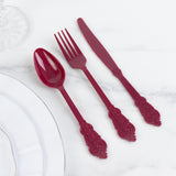 72 Pack Burgundy Plastic Silverware Set in Baroque Style, Heavy Duty Disposable Forks