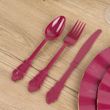 72 Pack Burgundy Plastic Silverware Set in Baroque Style, Heavy Duty Disposable Forks