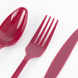 72 Pack Burgundy Plastic Silverware Set in Baroque Style, Heavy Duty Disposable Forks