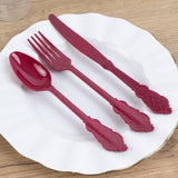 72 Pack Burgundy Plastic Silverware Set in Baroque Style, Heavy Duty Disposable Forks