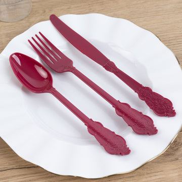 72 Pcs Burgundy Plastic Silverware Set in Baroque Style, Heavy Duty Disposable Utensils - Knife, Fork and Spoon Set