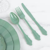 72 Pack Dusty Sage Green Plastic Silverware Set in Baroque Style