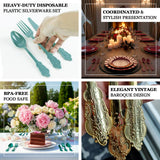 Heavy-duty disposable plastic silverware set in elegant vintage baroque design.