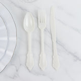 72 Pack Ivory Plastic Silverware Set in Baroque Style, Heavy Duty Disposable Forks