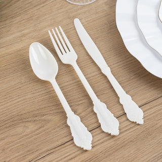 <span style="background-color:#ffffff;color:#1d1f25;">Enhance Your Event Décor with Ivory Baroque Plastic Silverware Set</span>