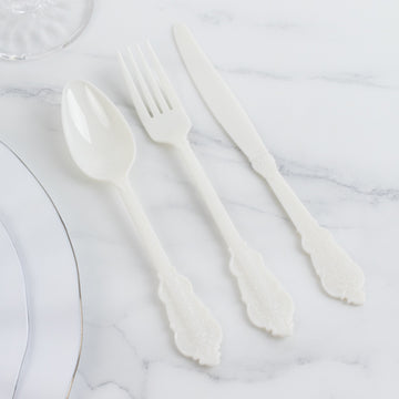 72 Pcs Ivory Plastic Silverware Set in Baroque Style, Heavy Duty Disposable Utensils - Knife, Fork and Spoon Set