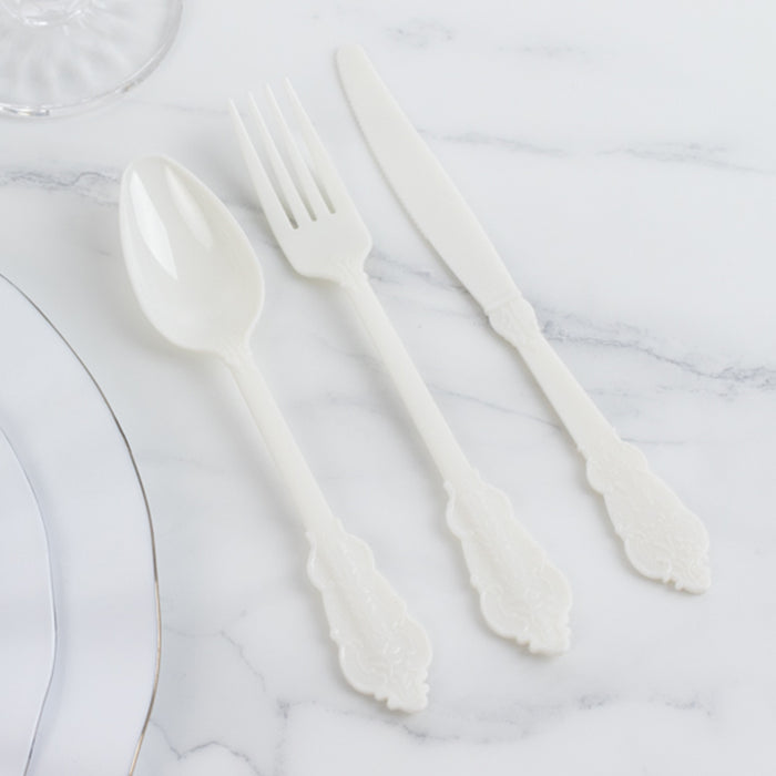 72 Pack Ivory Plastic Silverware Set in Baroque Style, Heavy Duty Disposable Forks