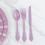 72 Pack Lavender Lilac Plastic Silverware Set in Baroque Style