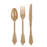 72 Pack Matte Gold Plastic Silverware Set in Baroque Style, Heavy Duty Disposable Forks#whtbkgd