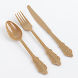 72 Pack Matte Gold Plastic Silverware Set in Baroque Style, Heavy Duty Disposable Forks