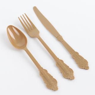 <span style="background-color:#ffffff;color:#1d1f25;">Enhance Your Event Décor with Matte Gold Baroque Plastic Silverware Set</span>