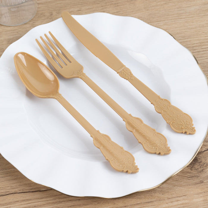 72 Pack Matte Gold Plastic Silverware Set in Baroque Style, Heavy Duty Disposable Forks